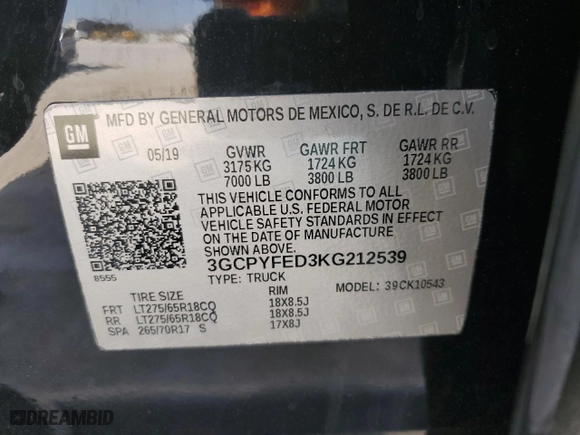 2019 Chevrolet Silverado 1500 LT Trail Boss with VIN 3GCPYFED3KG212539, listed as a Copart auction lot 49748175 with 116,202 mi miles and Salvage Title. Bid and sale history available at carsss.com. Image 14.