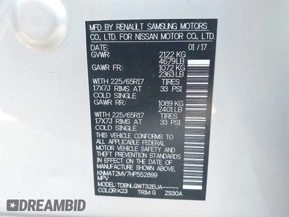 2017 Nissan Rogue S with VIN KNMAT2MV7HP552899, listed as a IAAI auction lot 42659454 with 129,620 mi miles and . Bid and sale history available at DreamBid. Image 9.