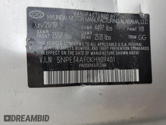 2019 Hyundai Sonata SEL with VIN 5NPE34AF0KH809401, listed as a Copart auction lot 50633645 with 29,970 mi miles and Salvage Title. Bid and sale history available at DreamBid. Image 14.