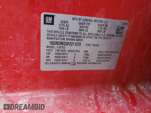 2015 Chevrolet Silverado 1500 LT with VIN 1GCRCREC9FZ211272, listed as a Copart auction lot 53323355 with 227,839 mi miles and Salvage Title. Bid and sale history available at DreamBid. Image 12.
