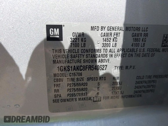 2015 GMC Yukon SLE with VIN 1GKS1AKC8FR540627, listed as a IAAI auction lot 42004023 with 128,195 mi miles. Bid and sale history available at carsss.com. Image 9.