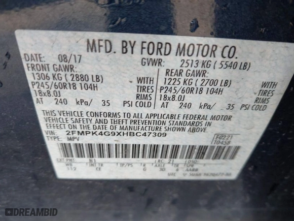 2017 Ford Edge SE with VIN 2FMPK4G9XHBC47309, listed as a IAAI auction lot 41750079 with 67,352 mi miles. Bid and sale history available at carsss.com. Image 9.