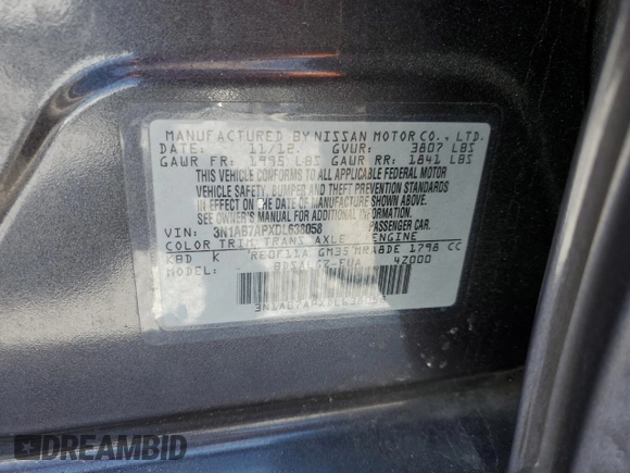 2013 Nissan Sentra SL with VIN 3N1AB7APXDL638058, listed as a Copart auction lot 50915975 with 112,715 mi miles and Salvage Title. Bid and sale history available at DreamBid. Image 14.