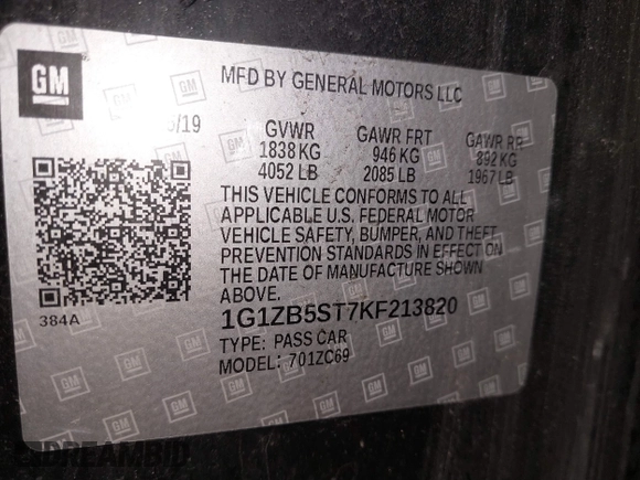 2019 Chevrolet Malibu LS z VIN 1G1ZB5ST7KF213820, wystawiony jako IAAI lot #41890438 z przebiegiem 119 377 mil mil oraz . Historia ofert i sprzedaży dostępna na DreamBid. Obrazek 9.