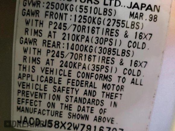 1998 Isuzu Trooper S with VIN JACDJ58X2W7916707, listed as a Copart auction lot 54154335 with 167,433 mi miles and Salvage title. Bid and sale history available at DreamBid. Image 13.