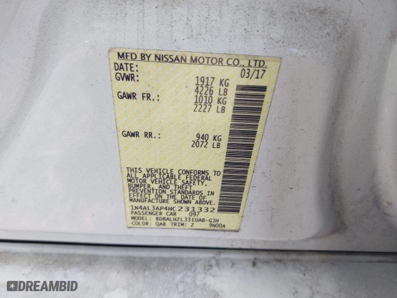2017 Nissan Altima 2.5 SR with VIN 1N4AL3AP4HC231332, listed as a IAAI auction lot 41966946 with 151,015 mi miles. Bid and sale history available at carsss.com. Image 9.