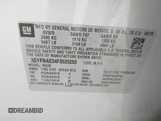 2015 Cadillac SRX with VIN 3GYFNAE34FS629258, listed as a IAAI auction lot 41788601 with 56,939 mi miles and . Bid and sale history available at DreamBid. Image 9.