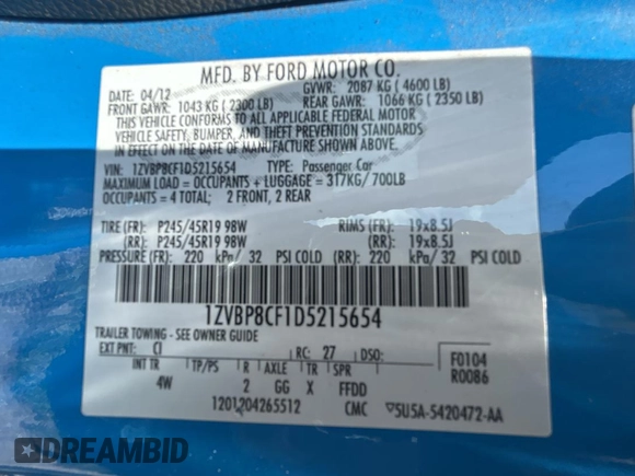 2013 Ford Mustang GT with VIN 1ZVBP8CF1D5215654, listed as a Copart auction lot 58816595 with 85,952 mi miles and Salvage title. Bid and sale history available at DreamBid. Image 10.
