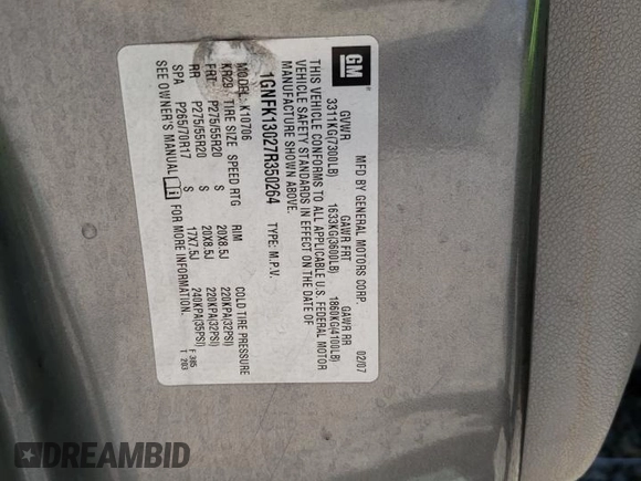 2007 Chevrolet Tahoe LT with VIN 1GNFK13027R350264, listed as a Copart auction lot 61235235 with 240,721 mi miles and Salvage title. Bid and sale history available at DreamBid. Image 13.