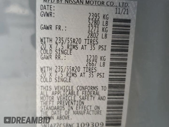 2022 Nissan Murano SL z VIN 5N1AZ2CS8NC109309, wystawiony jako Copart lot #44329765 z przebiegiem 22 069 mil mil oraz Szkoda całkowita • Salvage title. Historia ofert i sprzedaży dostępna na DreamBid. Obrazek 13.
