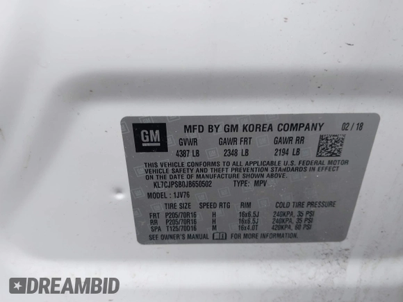 2018 Chevrolet Trax LT with VIN KL7CJPSB0JB650502, listed as a IAAI auction lot 41894077 with 74,516 mi miles. Bid and sale history available at carsss.com. Image 9.