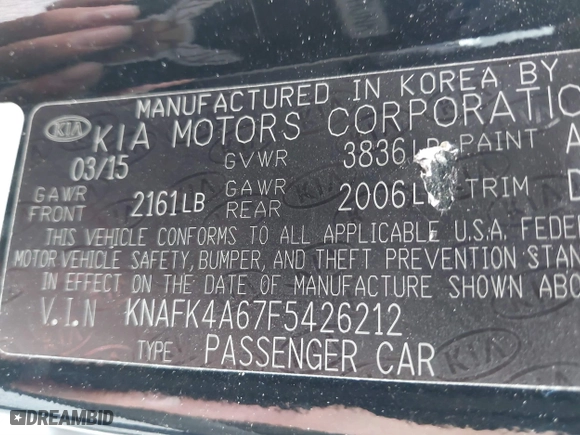 2015 Kia Forte LX with VIN KNAFK4A67F5426212, listed as a IAAI auction lot 40493636 with 85,216 mi miles. Bid and sale history available at carsss.com. Image 9.