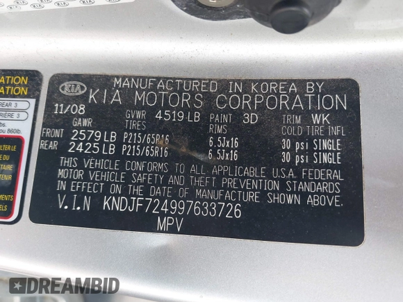 2009 Kia Sportage LX with VIN KNDJF724997633726, listed as a IAAI auction lot 39952246 with 201,090 mi miles and . Bid and sale history available at DreamBid. Image 9.