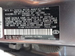 2015 Toyota Camry XLE with VIN 4T4BF1FK1FR446697, listed as a IAAI auction lot 42077763 with 119,278 mi miles and . Bid and sale history available at DreamBid. Image 9.