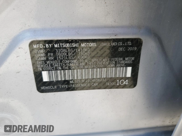2020 Mitsubishi Mirage ES z VIN ML32F3FJ1LHF06232, wystawiony jako Copart lot #55280225 z przebiegiem Nie podano mil oraz Szkoda całkowita • Salvage title. Historia ofert i sprzedaży dostępna na DreamBid. Obrazek 12.