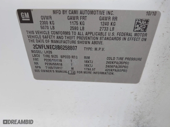 2011 Chevrolet Equinox LT w/2LT with VIN 2CNFLNEC8B6258807, listed as a IAAI auction lot 41011663 with 177,920 mi miles. Bid and sale history available at carsss.com. Image 9.