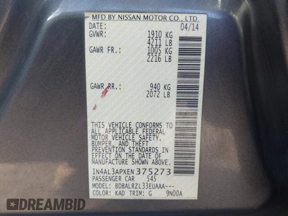 2014 Nissan Altima SL with VIN 1N4AL3APXEN375273, listed as a IAAI auction lot 40807224 with 180,525 mi miles and . Bid and sale history available at DreamBid. Image 9.