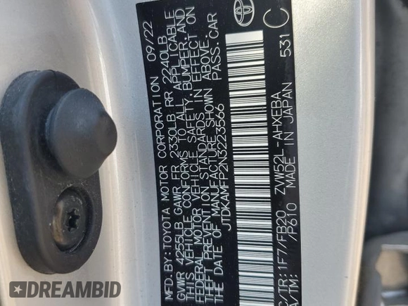2022 Toyota Prius LE with VIN JTDKAMFP2N3223566, listed as a Copart auction lot 60848105 with 68,827 mi miles and Salvage title. Bid and sale history available at DreamBid. Image 12.
