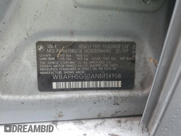 2010 BMW 3 Series 328i with VIN WBAPH5G50ANM34958, listed as a Copart auction lot 49187115 with 120,903 mi miles and Clean Title. Bid and sale history available at DreamBid. Image 12.