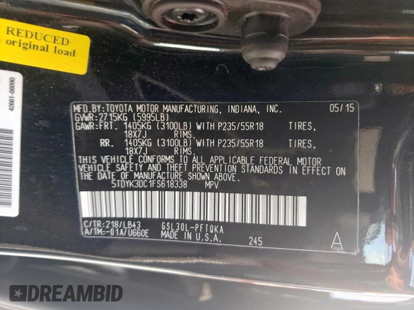 2015 Toyota Sienna XLE with VIN 5TDYK3DC1FS618338, listed as a Copart auction lot 63567755 with 119,596 mi miles and Salvage title. Bid and sale history available at DreamBid. Image 13.