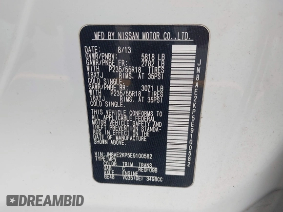 2014 Nissan Quest SL with VIN JN8AE2KP5E9100582, listed as a IAAI auction lot 42106685 with 161,491 mi miles. Bid and sale history available at carsss.com. Image 9.