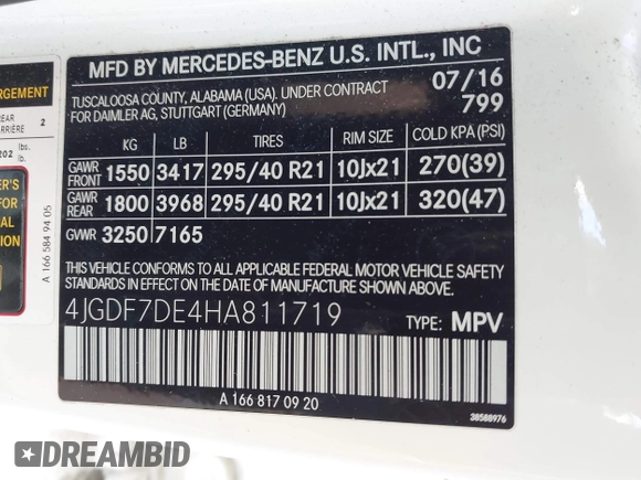 2017 Mercedes-Benz GLS 550 with VIN 4JGDF7DE4HA811719, listed as a IAAI auction lot 42039920 with 91,395 mi miles and . Bid and sale history available at DreamBid. Image 9.