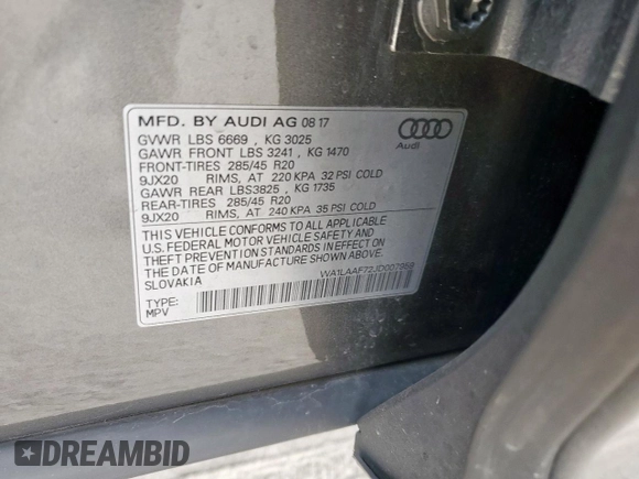 2018 Audi Q7 Premium Plus with VIN WA1LAAF72JD007959, listed as a Copart auction lot 57075265 with 83,380 mi miles and Salvage title. Bid and sale history available at DreamBid. Image 13.