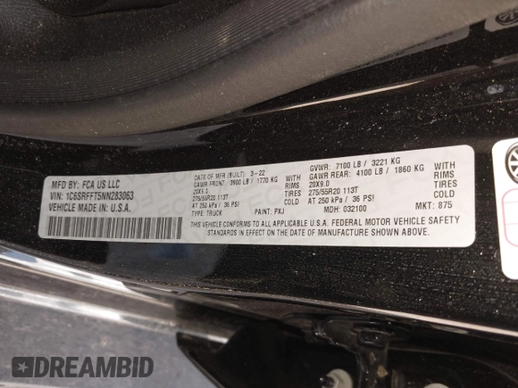 2022 Ram 1500 Big Horn with VIN 1C6SRFFT5NN283063, listed as a IAAI auction lot 42028791 with Not provided miles and . Bid and sale history available at DreamBid. Image 9.