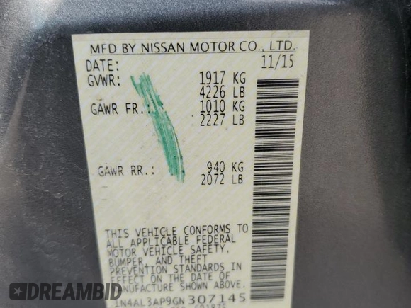 2016 Nissan Altima S with VIN 1N4AL3AP9GN307145, listed as a Copart auction lot 54799045 with 157,716 mi miles and Clean Title. Bid and sale history available at DreamBid. Image 12.