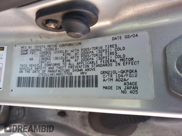 2004 Toyota 4Runner SR5 с VIN JTEZU14R148017709, выставлен на аукционе Copart как лот 61596765 с пробегом 259 205 миль миль и Чистый • Clean title. История ставок и продаж доступна на DreamBid. Изображение 12.