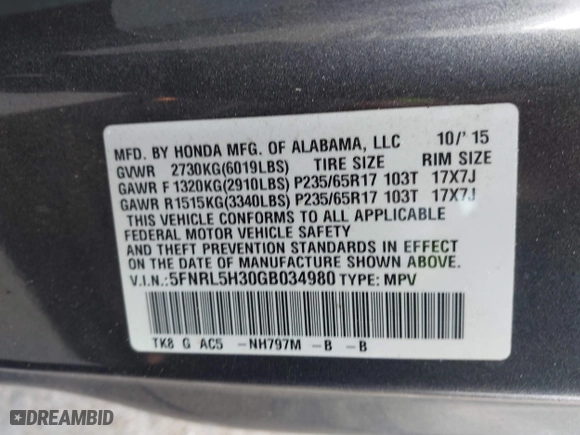2016 Honda Odyssey SE with VIN 5FNRL5H30GB034980, listed as a IAAI auction lot 41512117 with 97,644 mi miles. Bid and sale history available at carsss.com. Image 9.