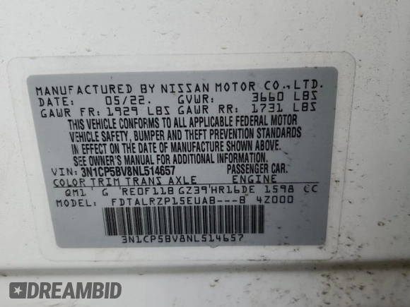 2022 Nissan Kicks S with VIN 3N1CP5BV8NL514657, listed as a Copart auction lot 50328555 with 59,478 mi miles and Clean Title. Bid and sale history available at DreamBid. Image 13.