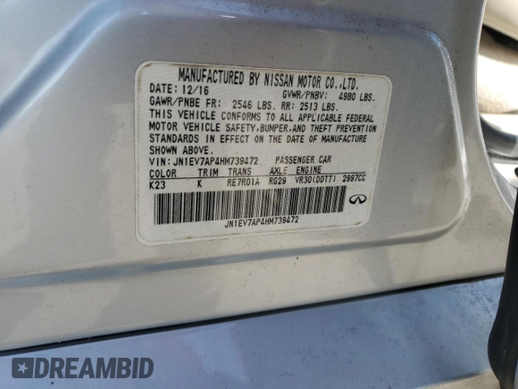 2017 Infiniti Q50 Premium with VIN JN1EV7AP4HM739472, listed as a Copart auction lot 57230925 with 88,352 mi miles and Salvage title. Bid and sale history available at DreamBid. Image 12.