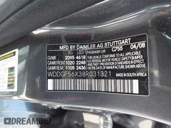 2008 Mercedes-Benz C 350 Sport with VIN WDDGF56X38R031321, listed as a IAAI auction lot 42046670 with 189,702 mi miles and . Bid and sale history available at DreamBid. Image 9.