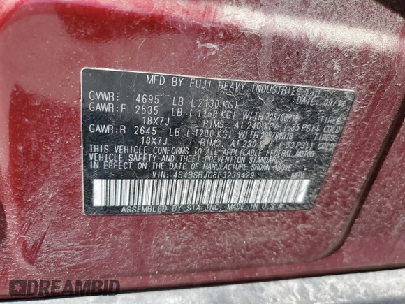 2015 Subaru Outback Limited with VIN 4S4BSBJC8F3238429, listed as a Copart auction lot 54158465 with 181,174 mi miles and Salvage Title. Bid and sale history available at DreamBid. Image 12.