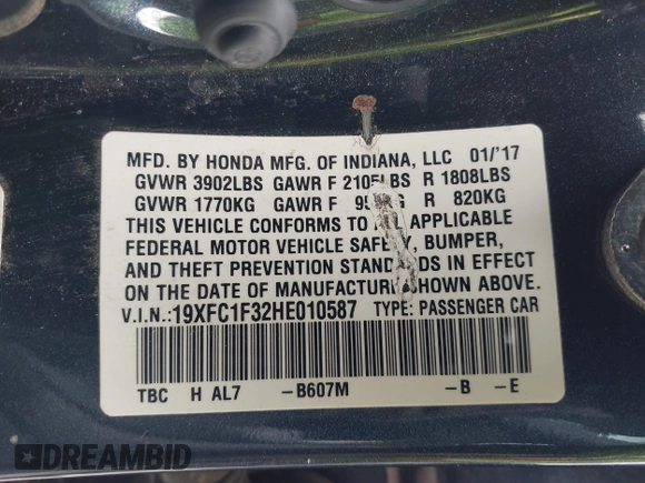 2017 Honda Civic Sedan EX-T with VIN 19XFC1F32HE010587, listed as a IAAI auction lot 41793102 with 98,724 mi miles. Bid and sale history available at carsss.com. Image 9.