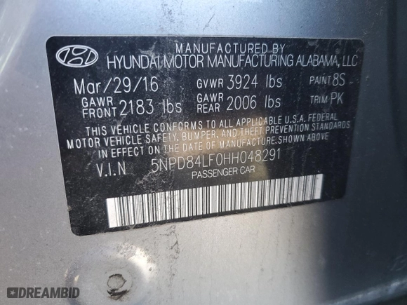 2017 Hyundai Elantra Limited with VIN 5NPD84LF0HH048291, listed as a Copart auction lot 47993615 with 126,530 mi miles and Salvage Title. Bid and sale history available at carsss.com. Image 12.