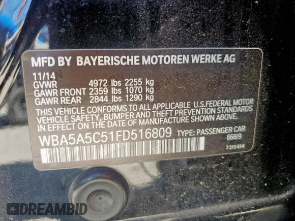 2015 BMW 5 Series 528i z VIN WBA5A5C51FD516809, wystawiony jako Copart lot #57714025 z przebiegiem 135 554 mil mil oraz Czysty tytuł • Clean title. Historia ofert i sprzedaży dostępna na DreamBid. Obrazek 12.