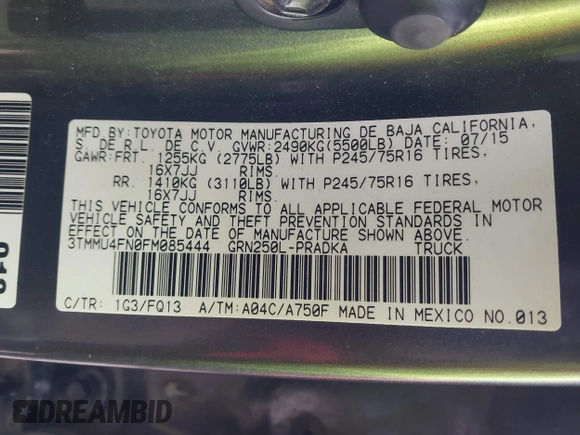 2015 Toyota Tacoma with VIN 3TMMU4FN0FM085444, listed as a IAAI auction lot 41388229 with 139,802 mi miles and . Bid and sale history available at DreamBid. Image 9.