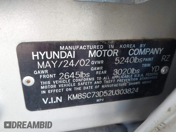 2002 Hyundai Santa Fe GLS with VIN KM8SC73D52U303824, listed as a IAAI auction lot 41442083 with 171,048 mi miles. Bid and sale history available at carsss.com. Image 9.