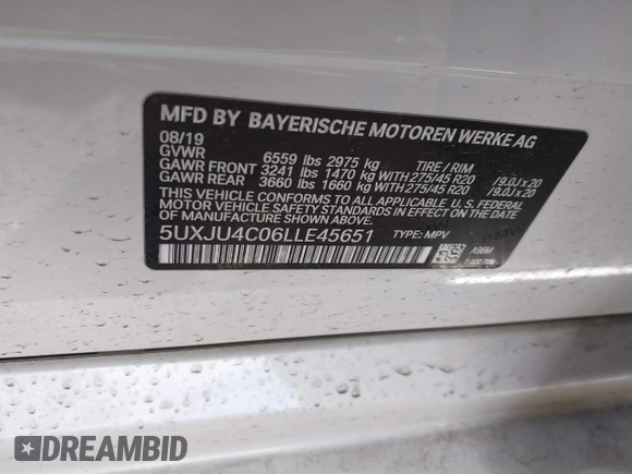 2020 BMW X5 M50i with VIN 5UXJU4C06LLE45651, listed as a IAAI auction lot 41618355 with 70,885 mi miles and . Bid and sale history available at DreamBid. Image 9.