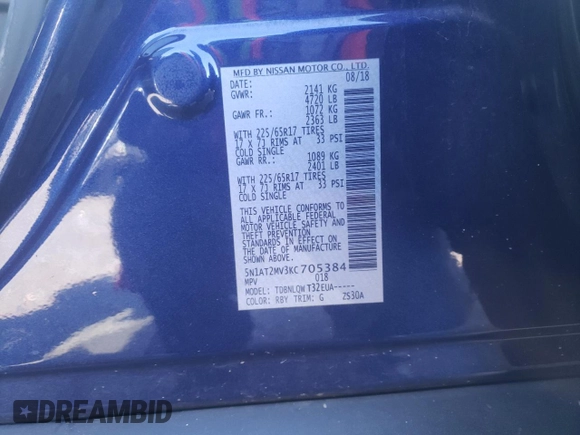 2019 Nissan Rogue SL with VIN 5N1AT2MV3KC705384, listed as a Copart auction lot 49041653 with 64,351 mi miles. Bid and sale history available at carsss.com. Image 15.