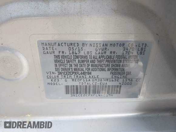 2015 Nissan Note SV with VIN 3N1CE2CPXFL440194, listed as a IAAI auction lot 42112943 with 95,623 mi miles and . Bid and sale history available at DreamBid. Image 9.