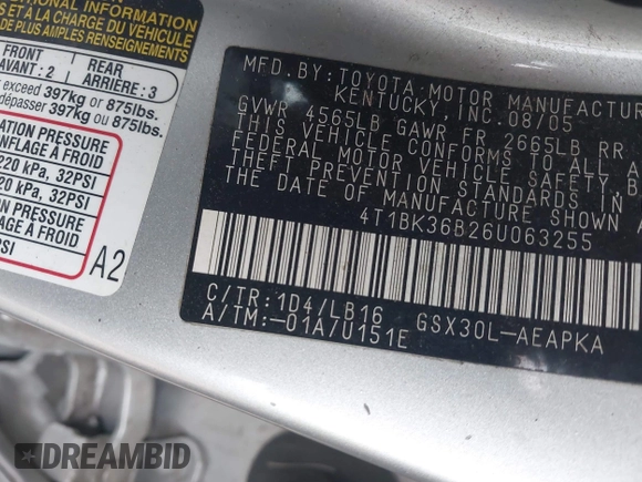 2006 Toyota Avalon XL with VIN 4T1BK36B26U063255, listed as a IAAI auction lot 42191701 with 91,860 mi miles and . Bid and sale history available at carsss.com. Image 9.