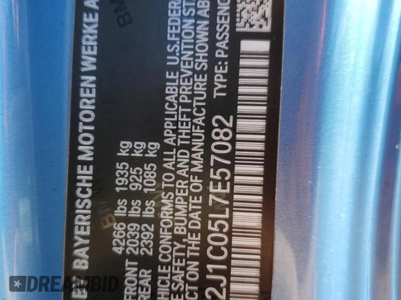 2020 BMW 2 Series 230i with VIN WBA2J1C05L7E57082, listed as a Copart auction lot 43057505 with 2,250 mi miles and Salvage Title. Bid and sale history available at carsss.com. Image 13.