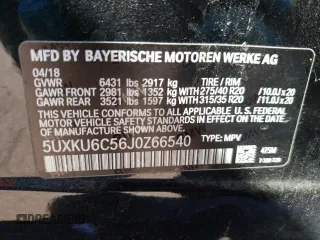 2018 BMW X6 xDrive50i with VIN 5UXKU6C56J0Z66540, listed as a Copart auction lot 56961962 with 54,238 mi miles. Bid and sale history available at carsss.com. Image 10.