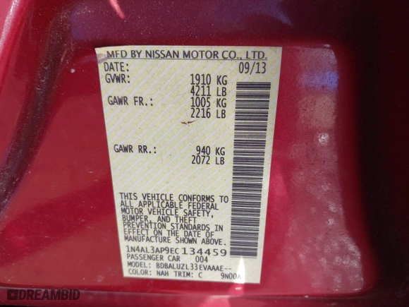 2014 Nissan Altima 2.5 SV with VIN 1N4AL3AP9EC134459, listed as a IAAI auction lot 41758775 with 66,980 mi miles. Bid and sale history available at carsss.com. Image 9.