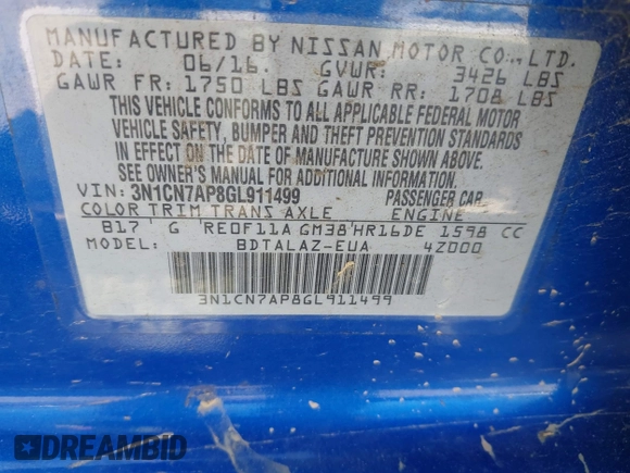 2016 Nissan Versa S Plus with VIN 3N1CN7AP8GL911499, listed as a IAAI auction lot 41990604 with Not Provided miles and . Bid and sale history available at DreamBid. Image 9.