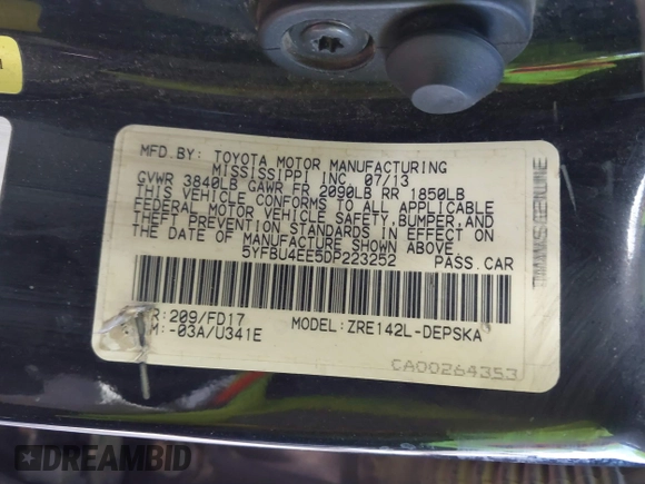 2013 Toyota Corolla L with VIN 5YFBU4EE5DP223252, listed as a IAAI auction lot 41789292 with 155,208 mi miles and . Bid and sale history available at DreamBid. Image 9.