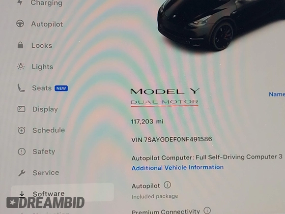 2022 Tesla Model Y Performance z VIN 7SAYGDEF0NF491586, wystawiony jako IAAI lot #42276747 z przebiegiem 117 203 mil mil oraz . Historia ofert i sprzedaży dostępna na DreamBid. Obrazek 7.